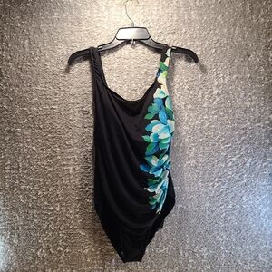 MIRACLESUIT Slimming Swimsuit Women’s Sz 10 Black Floral One Piece Swim Ruched